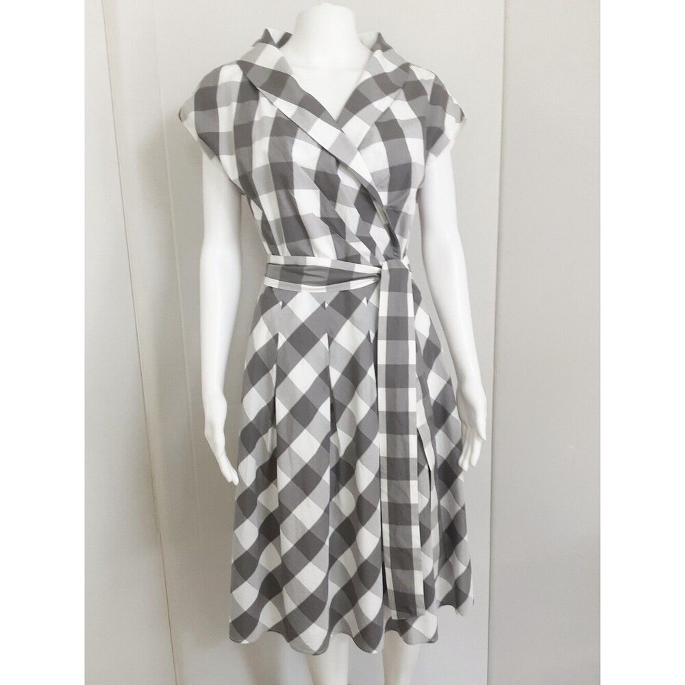 CHADWICKS 100% Cotton Gray White Gingham Shawl Collar Belted Pleated Dress Sz 12